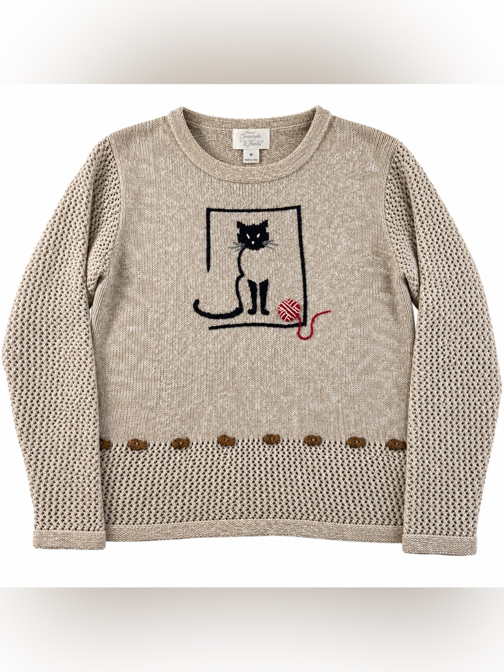 Christopher & Banks Beige Sweater with Black Cat and Red Yarn Motif